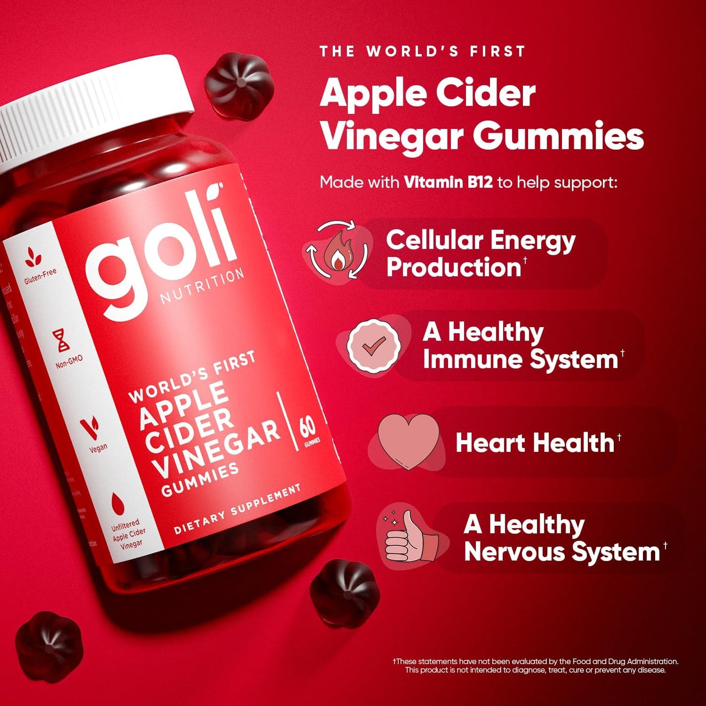 Apple Cider Vinegar Gummy Vitamins - 60 Count - Vitamin B12, Gelatin-Free, Gluten-Free, Vegan & Non-Gmo
