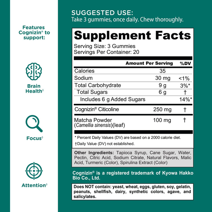 Matcha Mind Gummies - 60 Count - Green Tea Leaves Powder with Cognizin for Focus, Attention and Brain Health, Vegan, Non-Gmo, Gluten-Free & Gelatin Free.