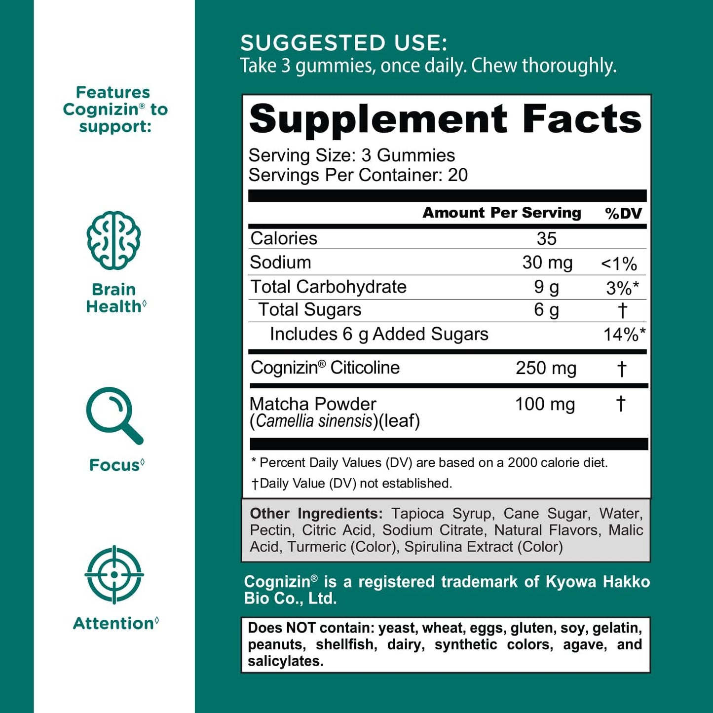 Matcha Mind Gummies - 60 Count - Green Tea Leaves Powder with Cognizin for Focus, Attention and Brain Health, Vegan, Non-Gmo, Gluten-Free & Gelatin Free.