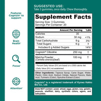 Matcha Mind Gummies - 60 Count - Green Tea Leaves Powder with Cognizin for Focus, Attention and Brain Health, Vegan, Non-Gmo, Gluten-Free & Gelatin Free.