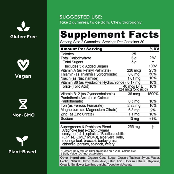 Supergreen Vitamin Gummy - 60 Count - Essential Vitamins and Minerals - Plant-Based, Vegan, Gluten-Free & Gelatin Free - Health from Within, Pack of 1