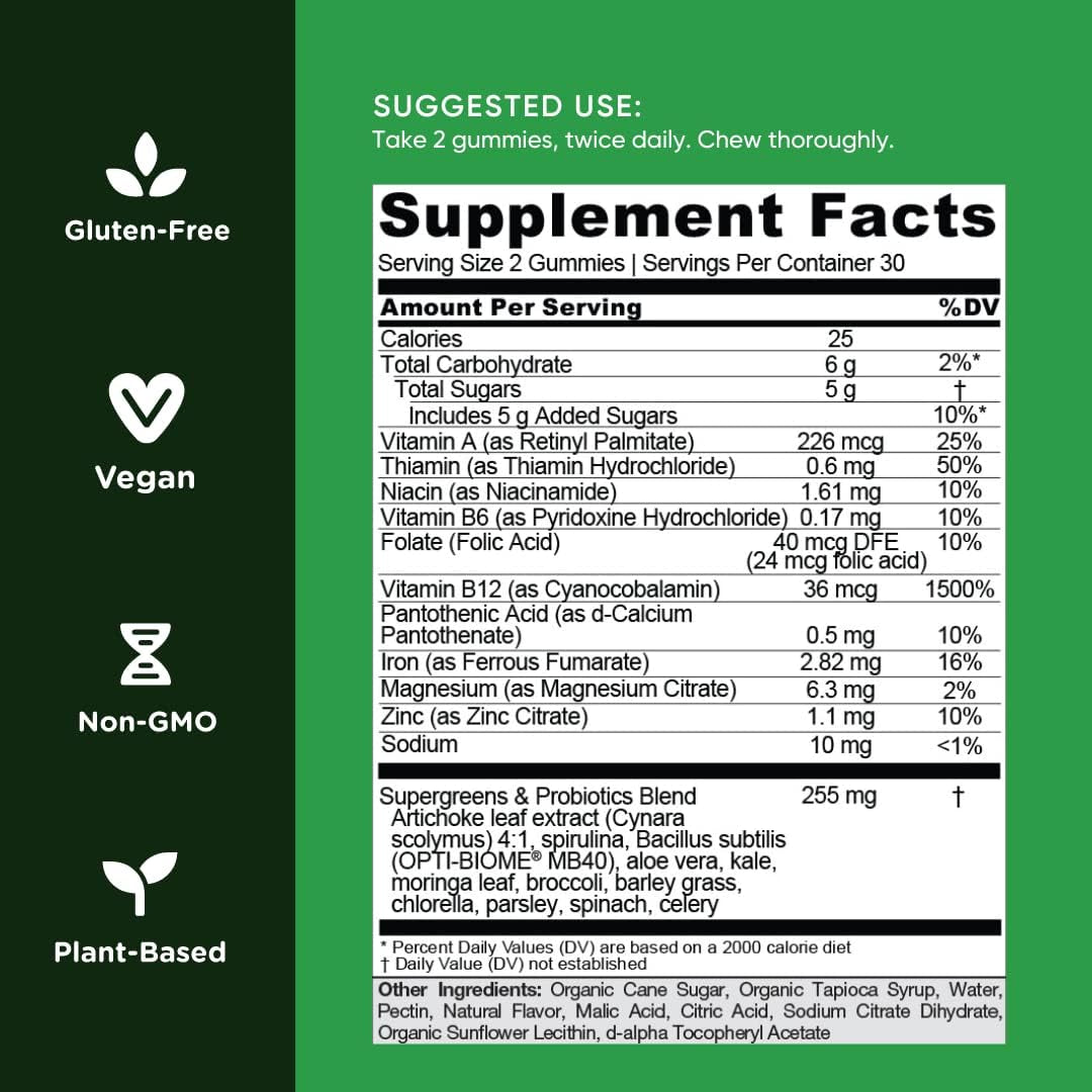 Supergreen Vitamin Gummy - 60 Count - Essential Vitamins and Minerals - Plant-Based, Vegan, Gluten-Free & Gelatin Free - Health from Within, Pack of 1