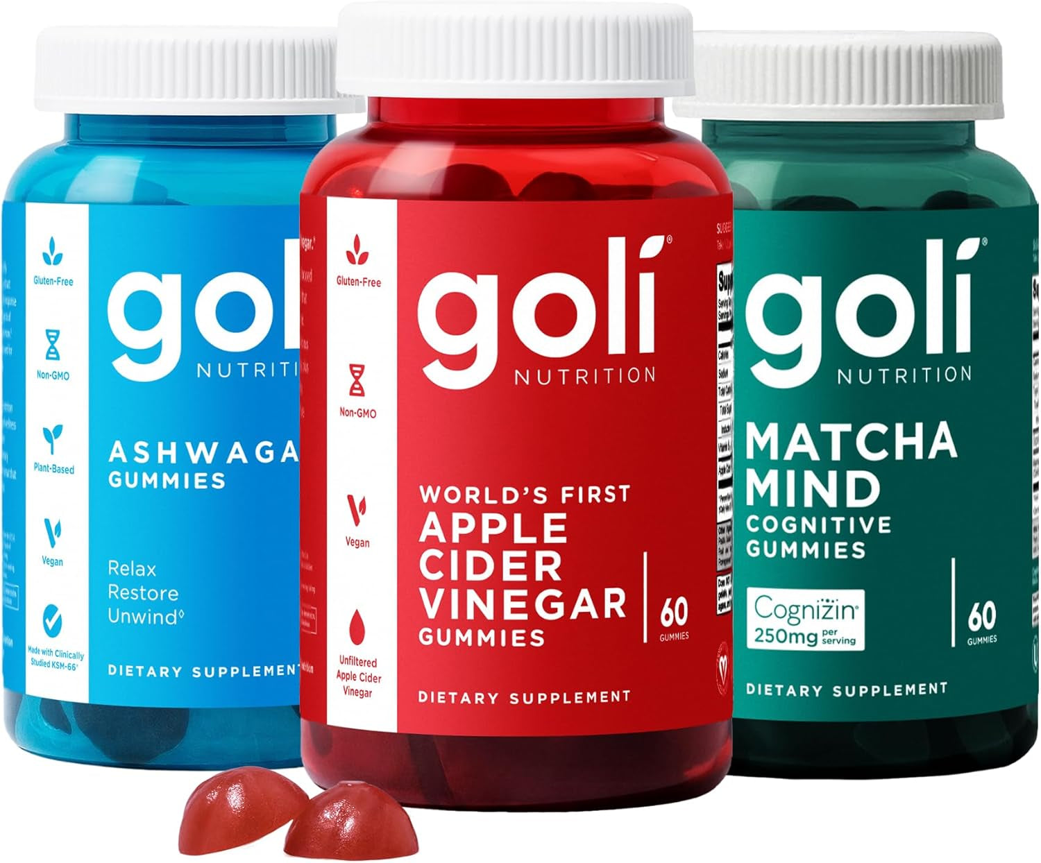 3 Bottles of  Favorites Bundle: Ashwagandha KSM-66, Apple Cider Vinegar, Matcha Mind Supplements with Cognizin, Vitamins D2 and B12