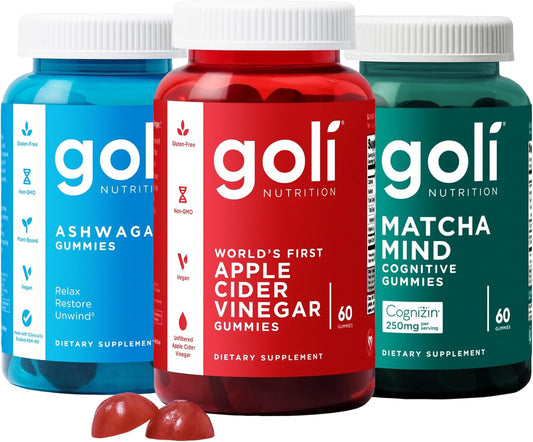 3 Bottles of  Favorites Bundle: Ashwagandha KSM-66, Apple Cider Vinegar, Matcha Mind Supplements with Cognizin, Vitamins D2 and B12