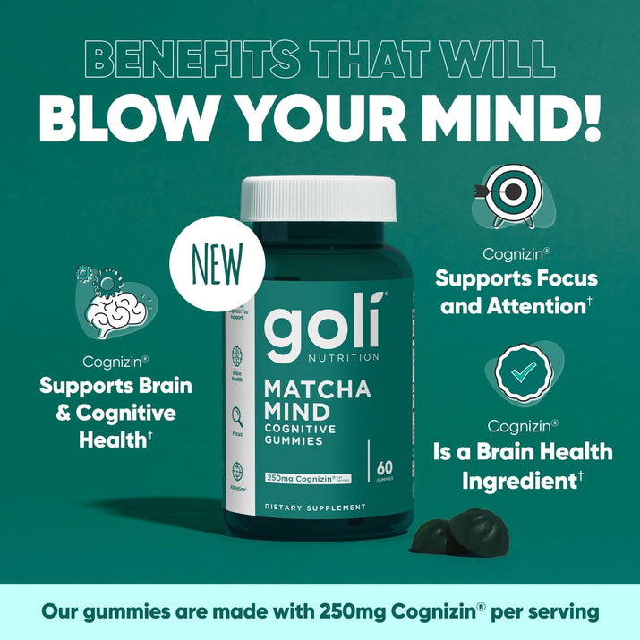 Matcha Mind Gummies - 60 Count - Green Tea Leaves Powder with Cognizin for Focus, Attention and Brain Health, Vegan, Non-Gmo, Gluten-Free & Gelatin Free.