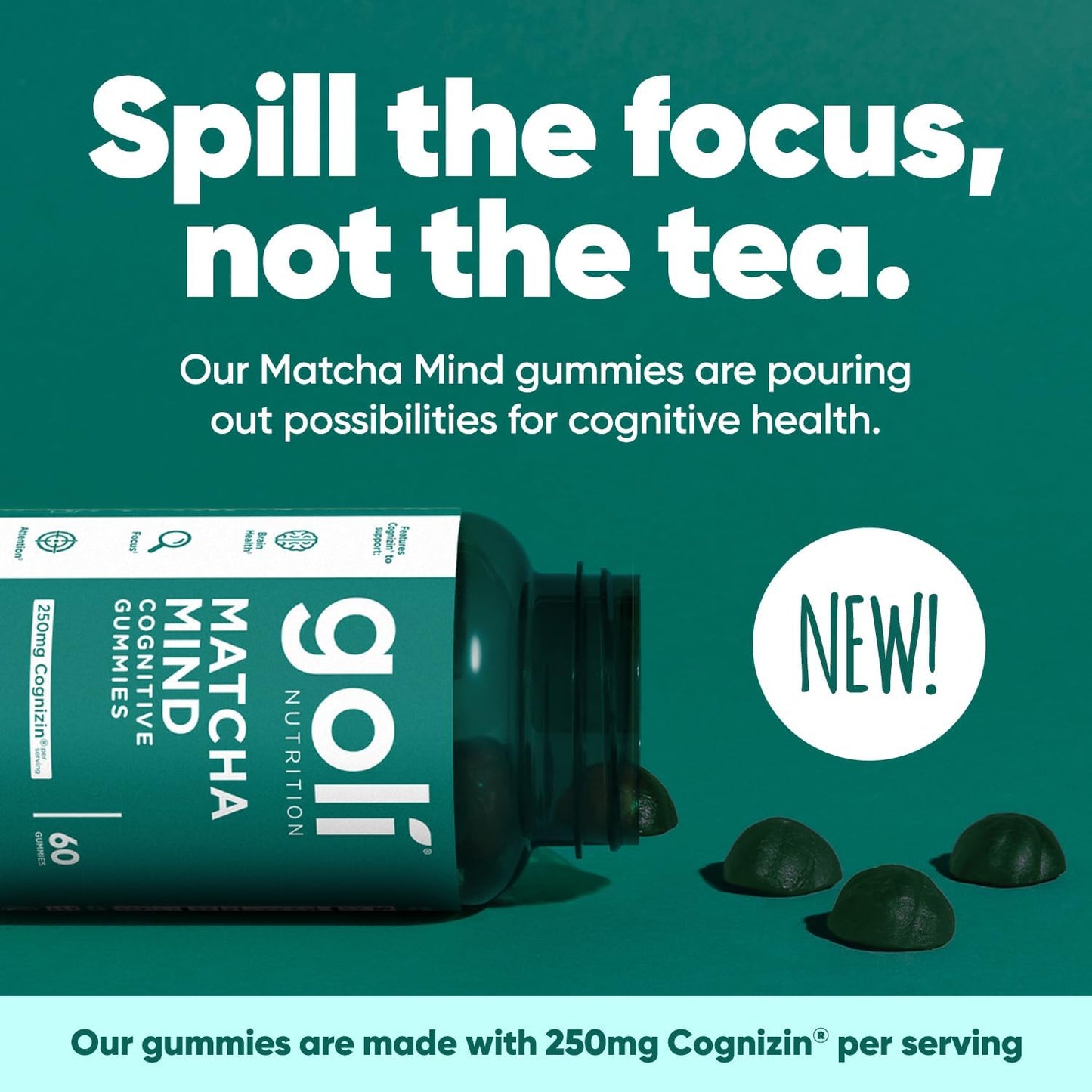 Matcha Mind Gummies - 60 Count - Green Tea Leaves Powder with Cognizin for Focus, Attention and Brain Health, Vegan, Non-Gmo, Gluten-Free & Gelatin Free.